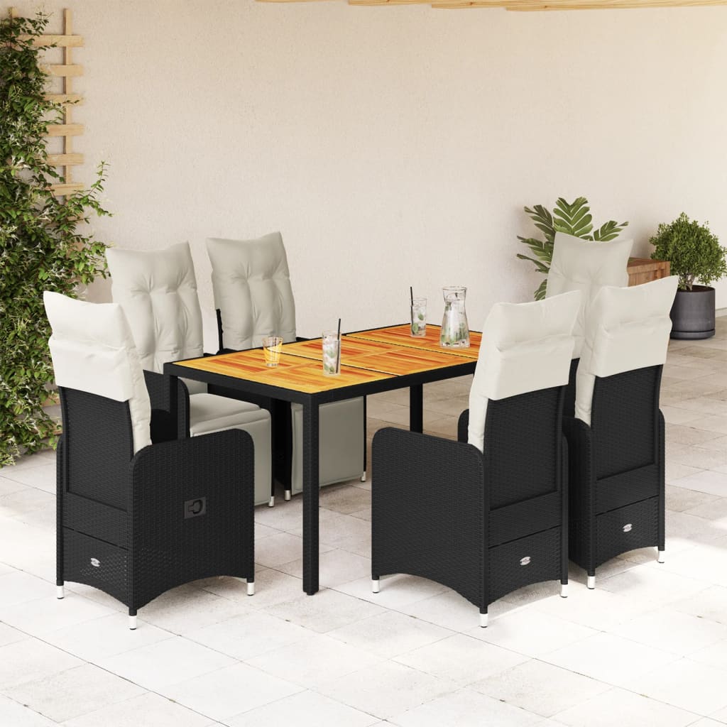 Vidaxl 7-Cz. Bistro Furniture Set with Cushions, Black, Poly Rattan