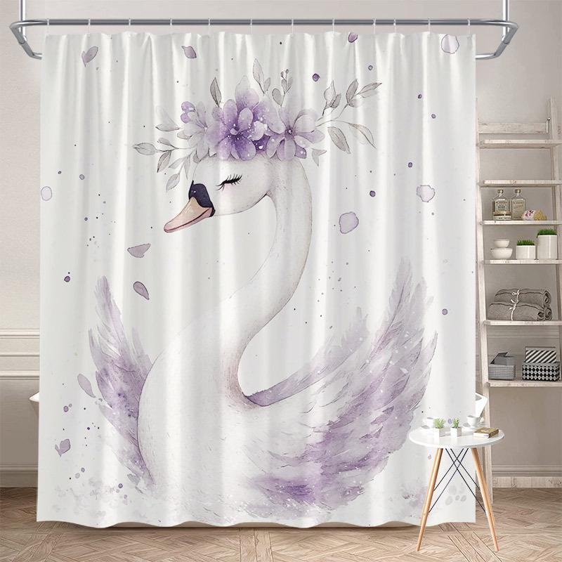 Digital Watercolor Swan & Lavender Shower Curtain – Soft Feathers, Romantic Design Polyester with Hooks