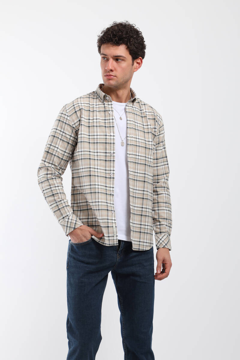 

Мужская клетчатая рубашка стандартного кроя с длинным рукавом бежевая L бежевый