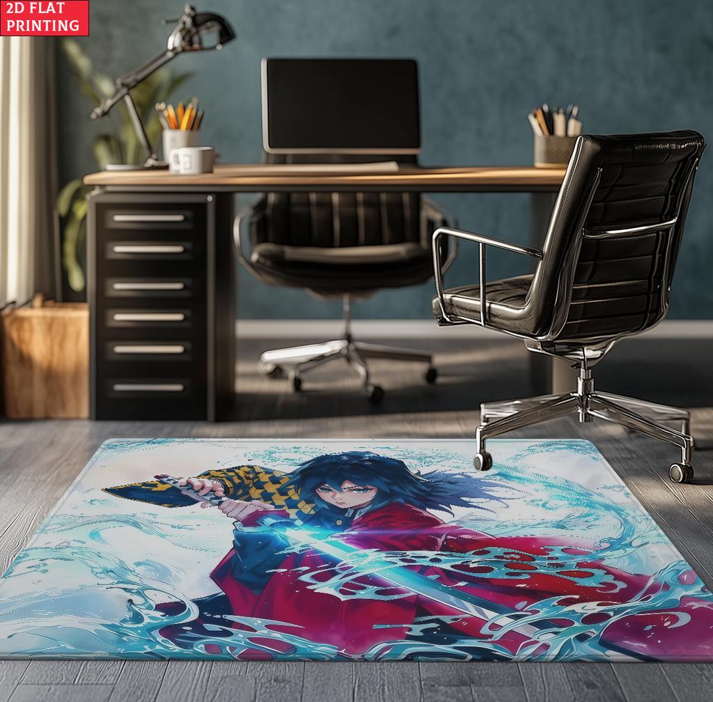 Anime Swordsman Area Rug, Blue Water Wave Theme  Floor Mat, Decorative Carpet for Gaming Room Bedroom, Washable Home Decor Gift