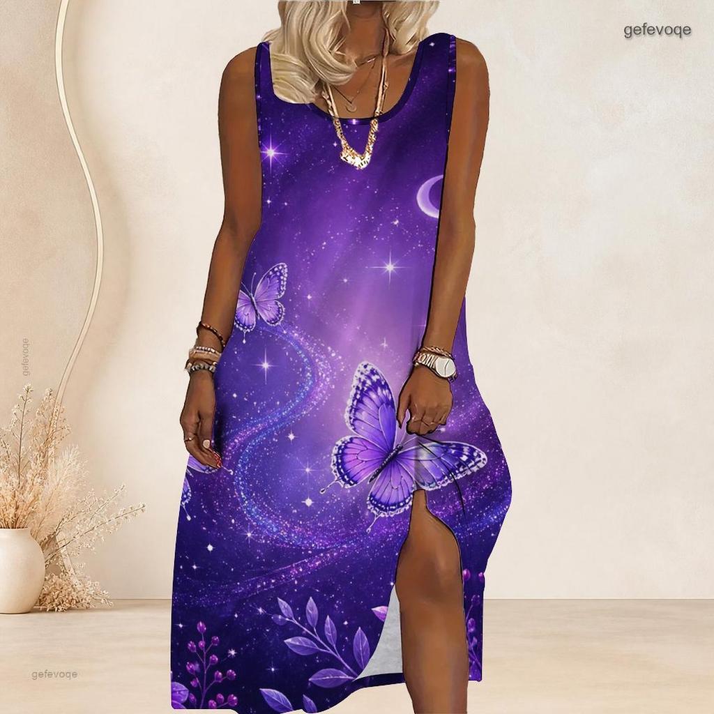 Women Plus Size Scoop Neck Sleeveless Purple Butterfly Printed A Line Maxi Dress