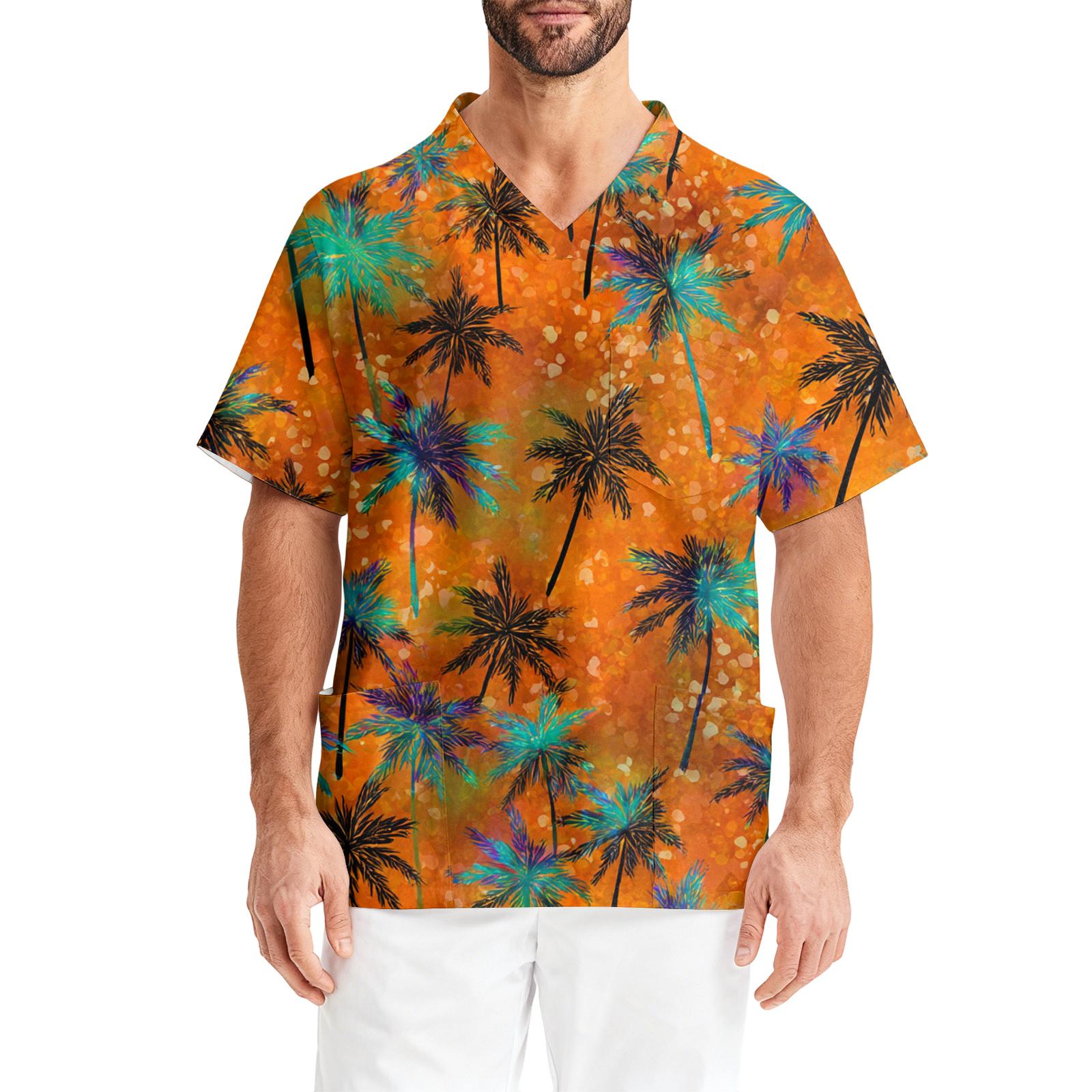 Мужская рабочая блузка с принтом коротким рукавом V-образным вырезом нагрудным карманом топ для ухода XXL шафрановый 1530₽