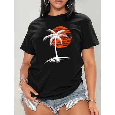 Women's Casual Short Sleeve T-Shirt - Tropical Coconut Tree Sunset Graphic Print, Black with Orange & White Stripes,