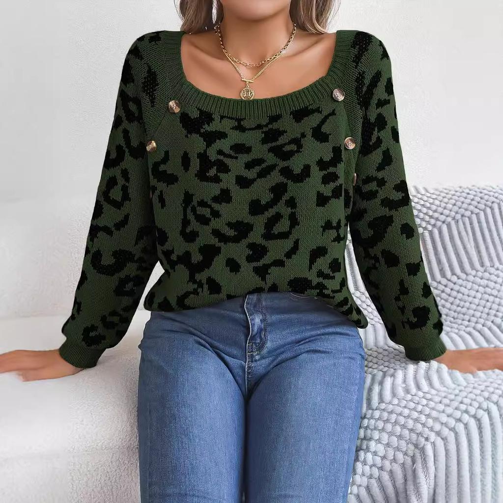 Damen Strickpullover U-Ausschnitt Knopf Langarm Pullover Leopard Print Knopf Strickwaren Oberteile