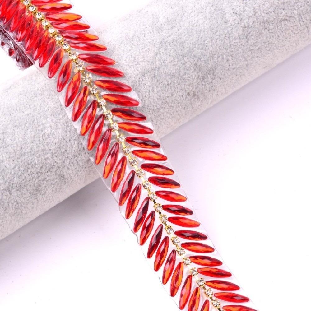

1Yard Rhinestone Ribbon Hot Fix Rhinestone Trim Glue on Decoration Trim Resin Rhinestone Ribbon DIY Repair Beaded Lace Trim червоний