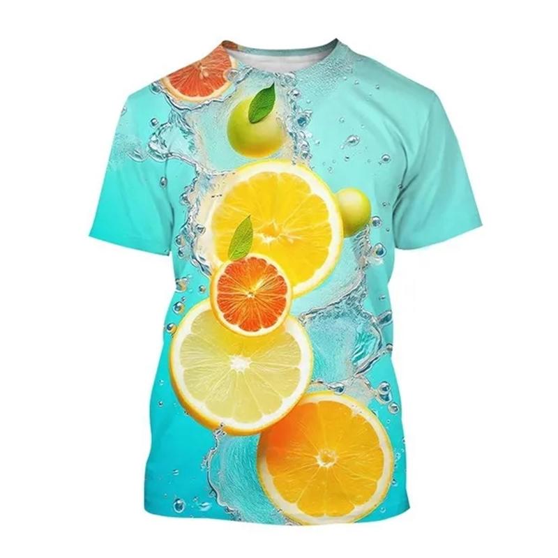 Summer Round Neck 3D Fruit Lemon Pattern Print Top Fashionable Casual Short Sleeved Men's and Women's Unisex T-shirts