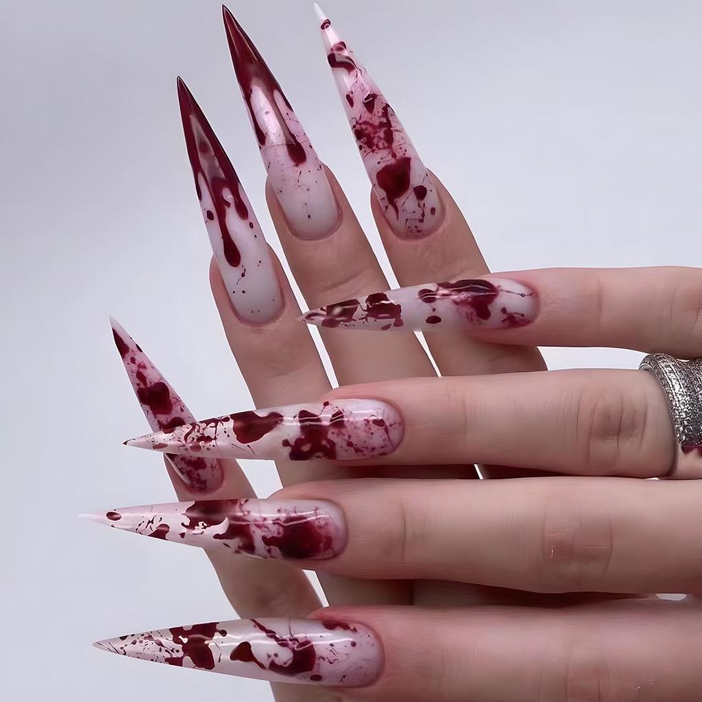 Blood Drop Halloween Long Stiletto False Nails - French Manicure Style