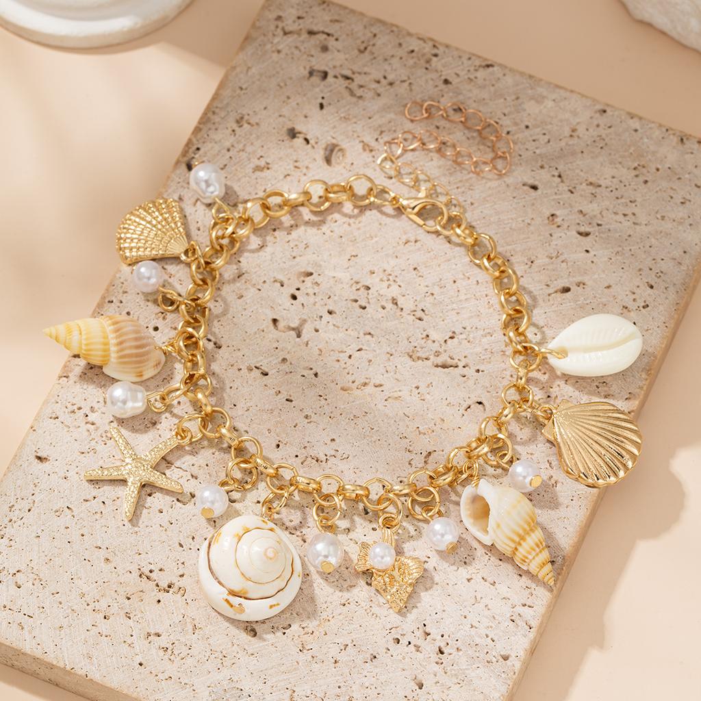 Women's Bohemian Faux Shell Multi-Pendant Gold Anklet, Starfish & Pearl Foot Chain