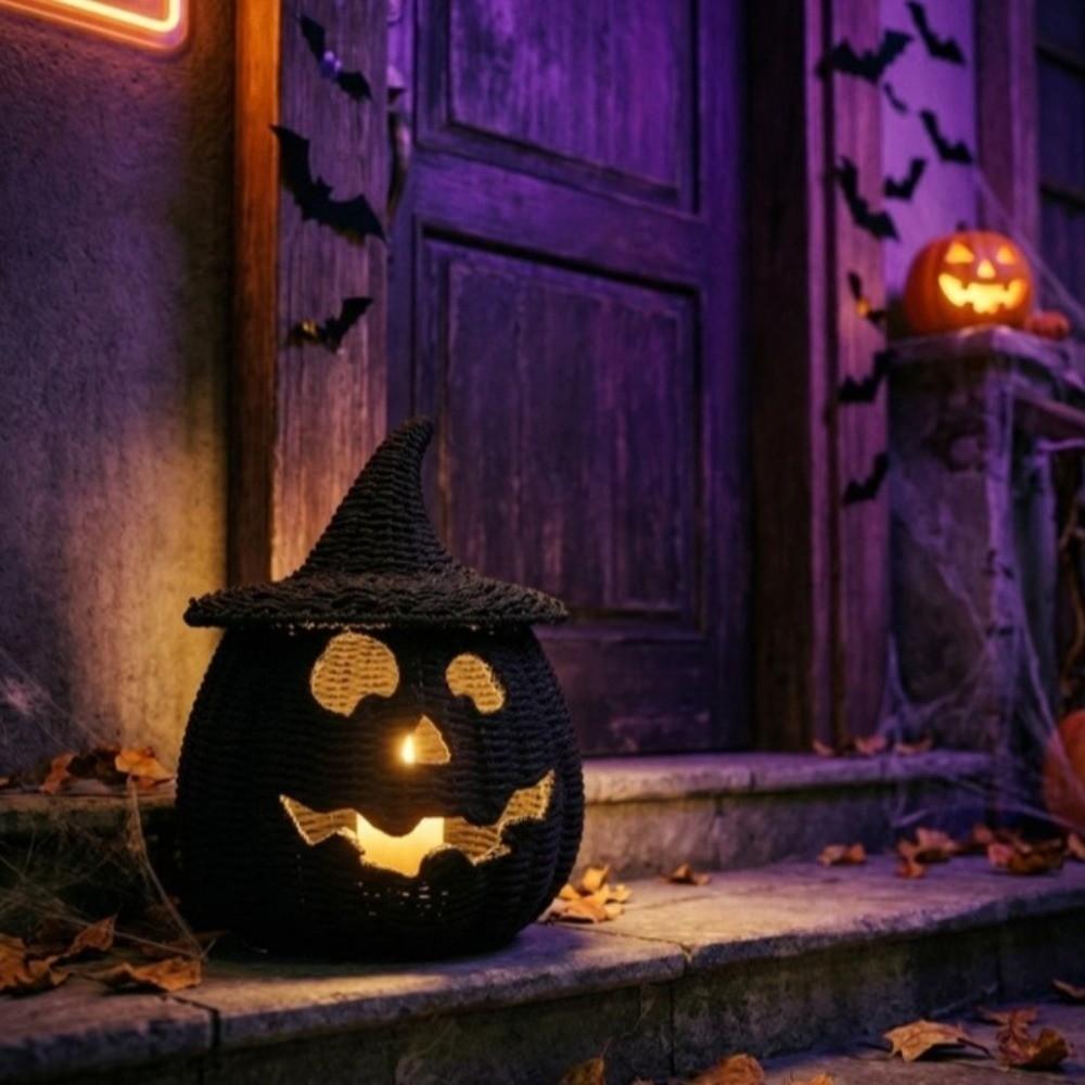 Woven Texture Halloween Pumpkin Statue Vintage Pumpkin Candle Holder  Desk Display