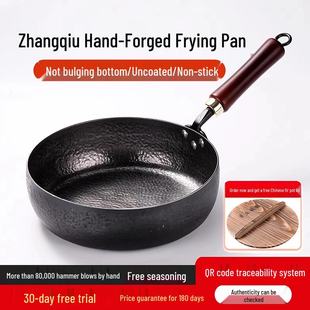Handmade Iron Wok: Uncoated Flat-Bottom Non-Stick Pan for Deep Frying, Stir-Frying, Pancakes, Fried Eggs, and Baby Food.
