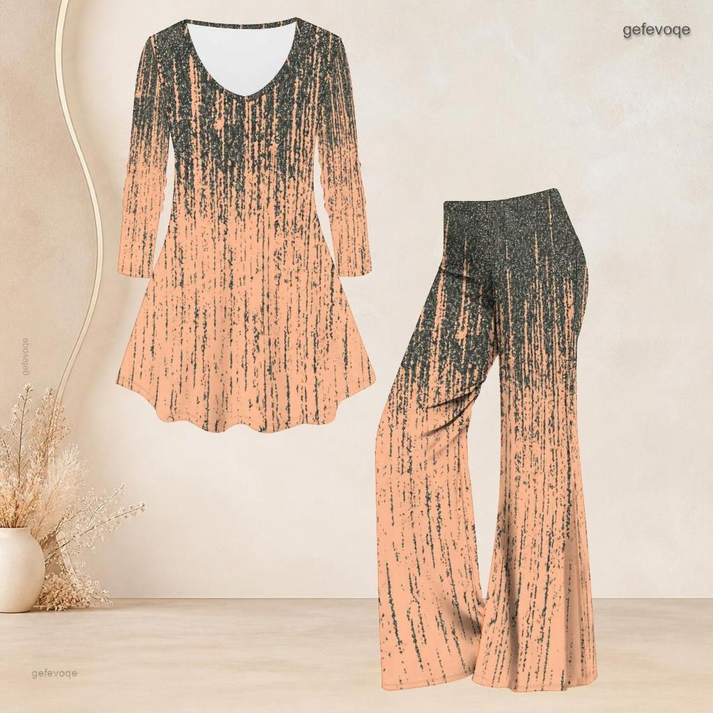Women Plus Size V Neck Three Quarter Sleeve Blue Pink White Printed Flared Top And Flared Pants Two Piece Set