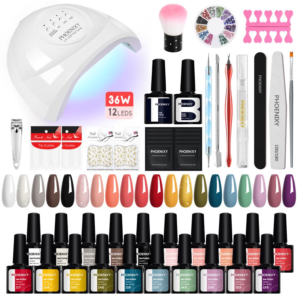 PHOENIXY 20pcs Gel Nail Polish Kit with UV Nail Lamp Top Base Coat Semi Permanent Varnish Manicure Set