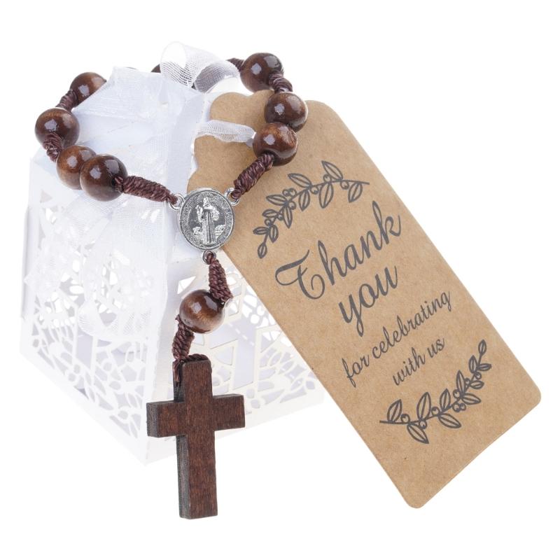 Wooden Crosses Beads Rosaries Bracelets Set For Baptisms Gift With Hollowout Paper Box Thank You Card Organza Pouches