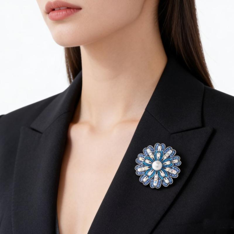 Elegant Blue Flower Pearl Brooch for Women Lifelike Jewelry for Coat Office Wedding Occasions