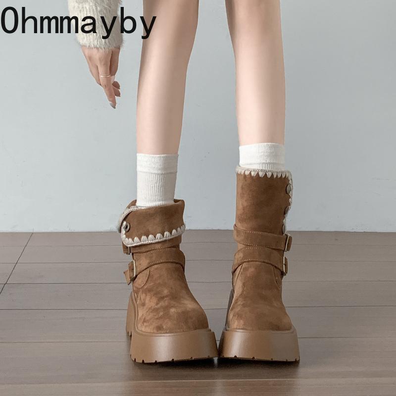 Vintage Chunky Platform Flats Women Ankle Boots Fashion Belt Buckle Height Increase Shoes Autumn Winter Women's Short Booties