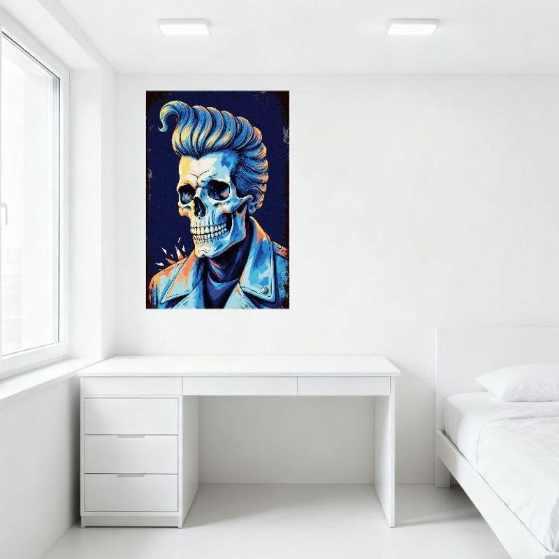 Retro Punk Skeleton Tin Sign Rockabilly Skull Metal Poster Vintage Wall Decor for Bar Pub Home 1950s Aesthetic Blue Hair Pompado