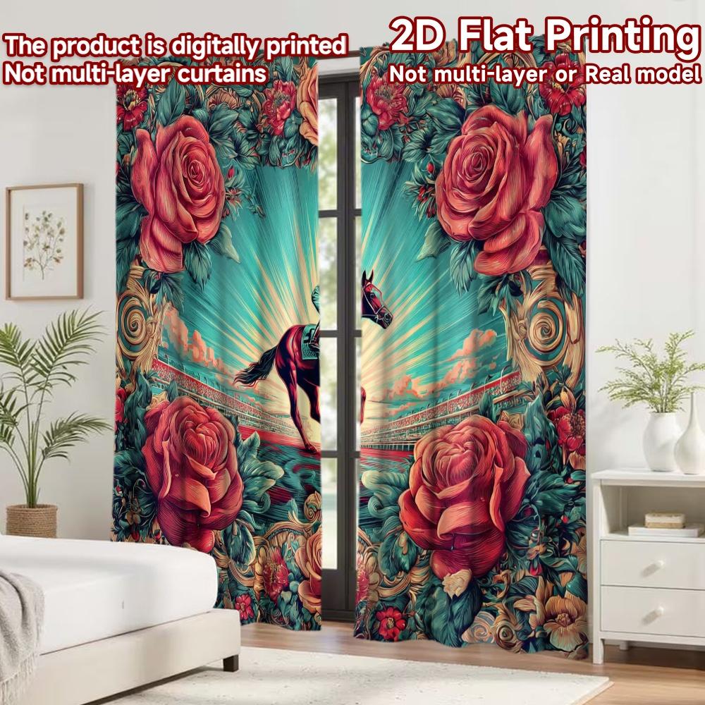 2D flat printing 2pcs Curtain Window Curtains Racing Horse with Roses Digital Printed Polyester Drapes Family Party Use for