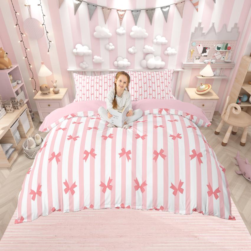 Comforter Homewish Kawaii Bowknot Cartoon Bowtie Bow Comforter Setpink Geometric Stripes Bed Set For Girl