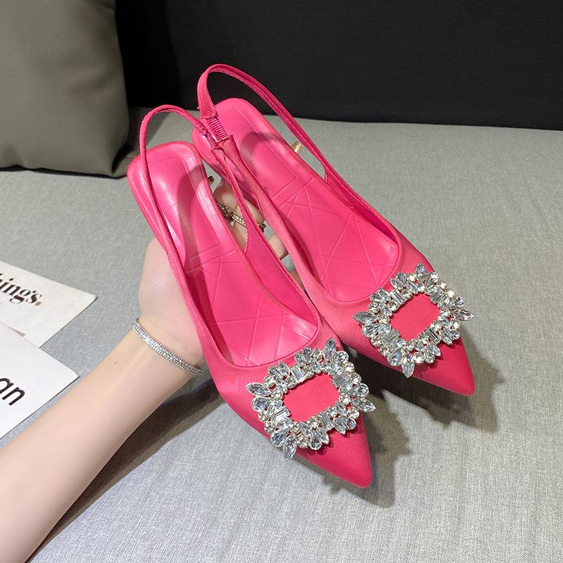 Fashion Sandals Women 2024 Summer New Square Buckle Thin Heel  Diamond Pointed Shallow Mouth High Heel Single Shoes for Women