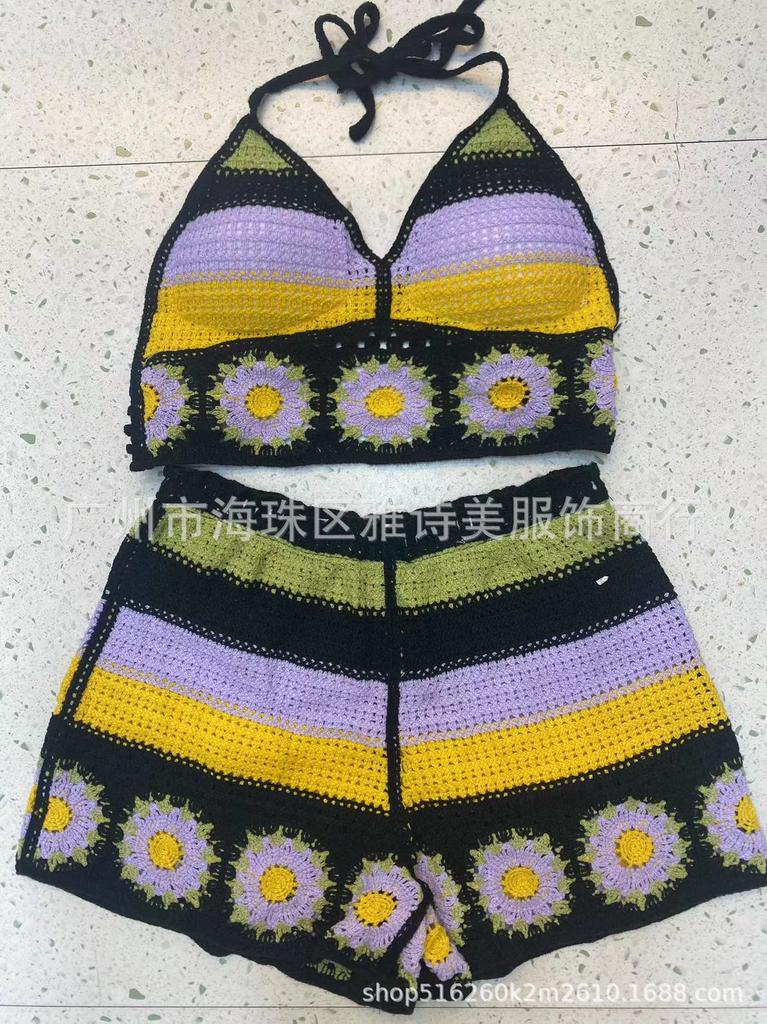 New fashionable and sexy tube top with small suspenders for women's summer seaside beach lace-up hollow knitted neck top