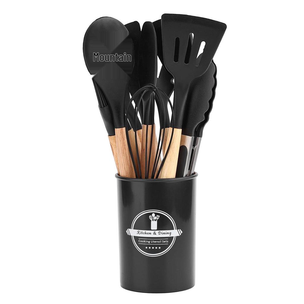 12-Piece Non-Stick Silicone Kitchenware Set: Food-Grade Wooden Handle, Includes Spatulas & Spoons, with Storage Bucket