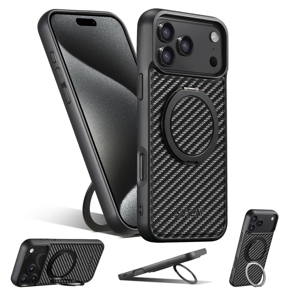 360-degree Rotating Magnetic Carbon Fiber Textured Phone Case for iPhone 17 Pro Max 16 15 14 13 12 Shockproof For Magsafe Cover