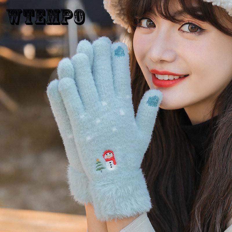 

Зимние толстые теплые перчатки, корейские студенческие милые перчатки с вышивкой снеговика, имитация норковой шерсти, вязаные перчатки с сенсорным экраном, женские перчатки one size