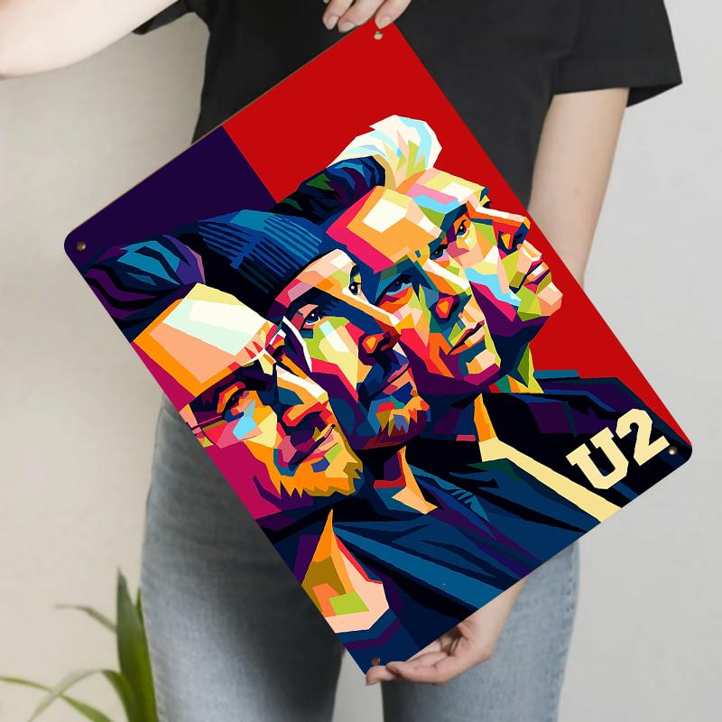 U Band Portrait Metal Wall Art Pop Art Style Decorative Iron Painting for Music Fans Home Decor 20x30cm(7.8x11.8inch)