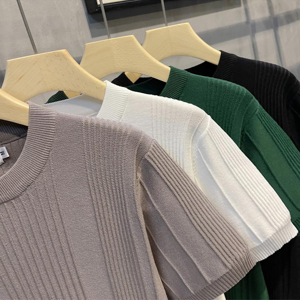 Herren Strick T-Shirt Kurzarm Schwergewicht Sommer Slim Fit Lässig Gestreiftes T-Shirt Strickwaren Ärmel Koreanischer Trend Hochelastisch