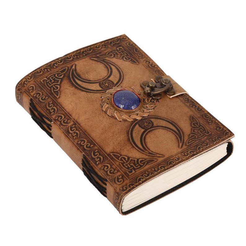 Buy 2, Get 1 FREE! Handcrafted Charcoal Leather Journal – Premium Genuine Leather, Embossed Moon Phase & Lapis Lazuli Stone