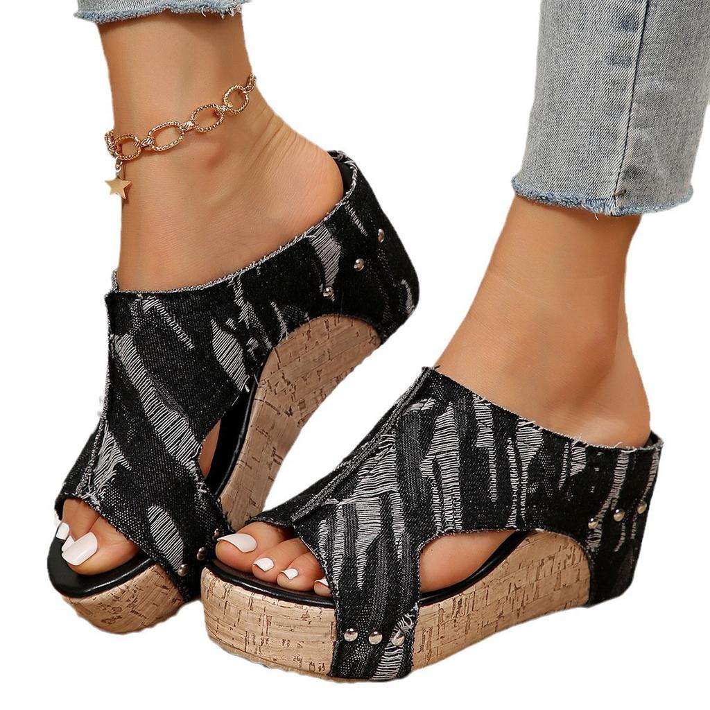 Fashion Women's Wedges Platform Sandals Thick Slope Back Lift Strap Denim Shoes Summer Fashion High Heels Sandals 2025