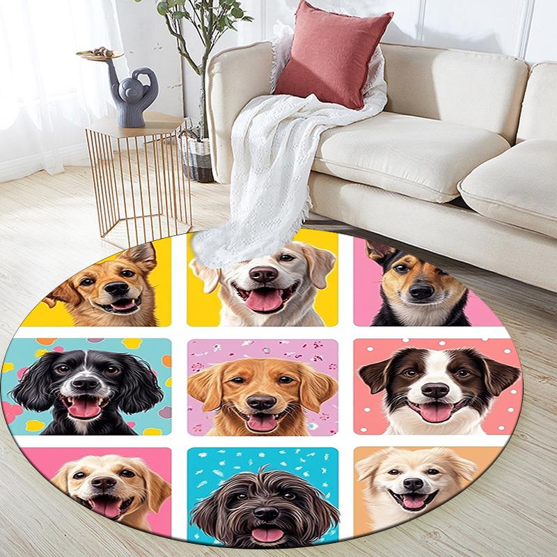 Happy Dog Round Area Rug,Carpet Rug for Living Room Bedroom Sofa Playroom Decor,Non-slip Floor Mat