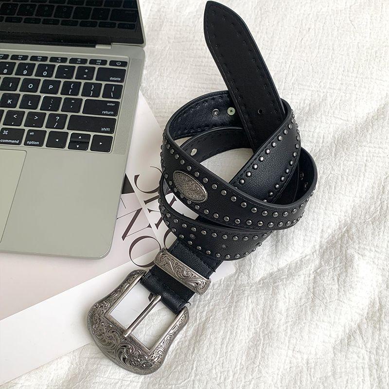 3.8x115cm PU Vintage Waistband Adjustable Alloy Black Y2K Belt Waist Seal Wide Strap Buckle Cool Black Rivet Belt