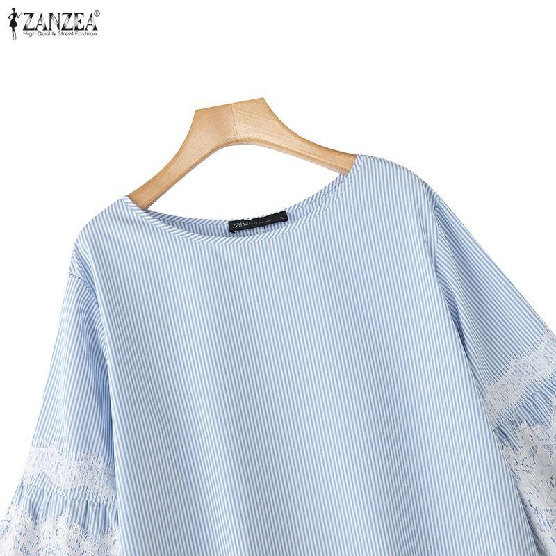 ZANZEA Women Casual Lace Patchwork 3/4 Sleeve Loose Stripe Blouse