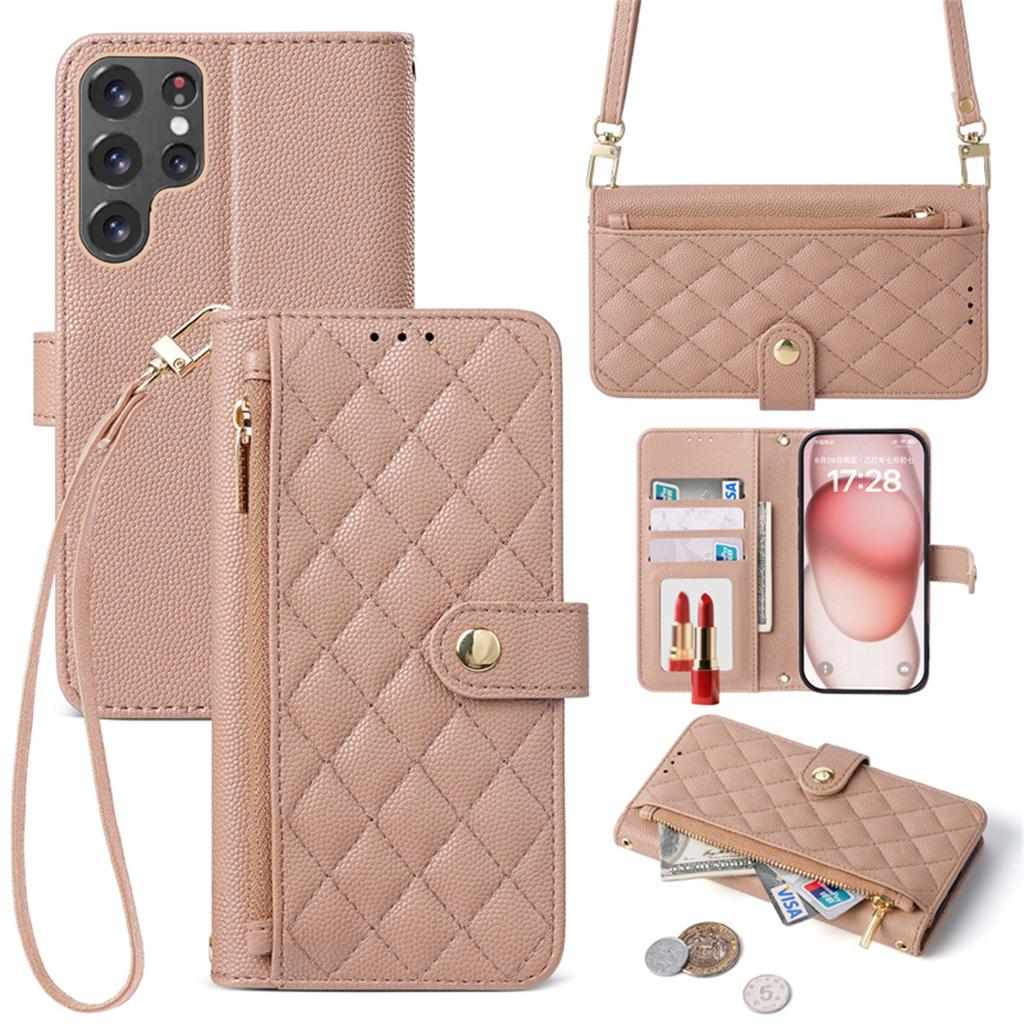 Crossbody Strap Leather Phone Case for Samsung Galaxy S25 FE S23 Ultra S24 Plus Flip Zipper Wallet Card Protect Cover Coque