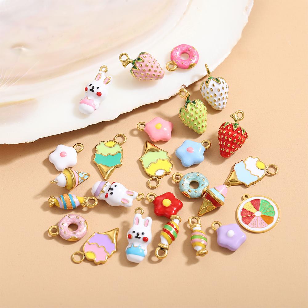 CARLIDANA Personalized Flower Stainless Steel Rabbit Pendant Strawberry Gold Plated Charm ice cream Enamel DIY Accessories