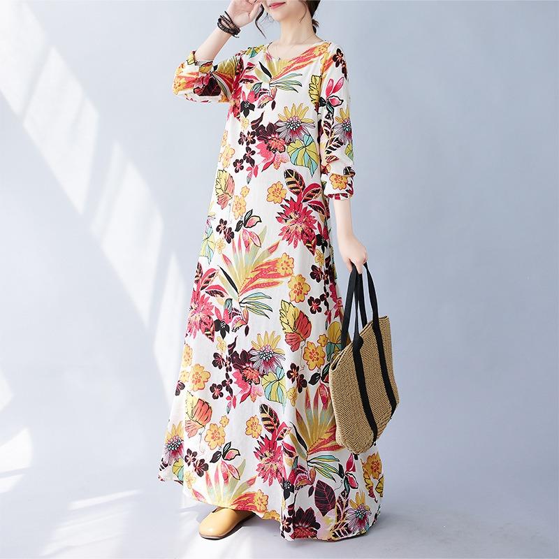 Real spring new literary large size loose printing round neck long sleeve dress women's long dress