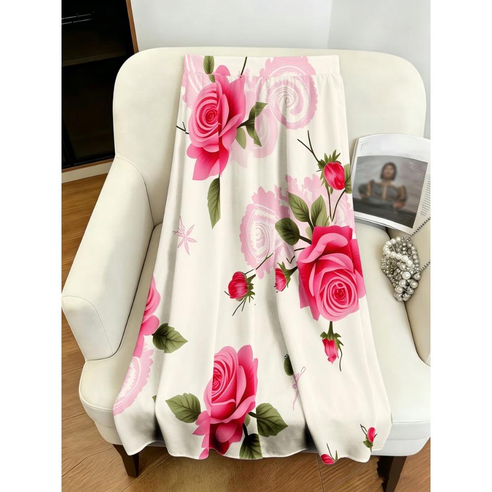 Plus-size Women's Elegant and Stylish Midi Skirt, Casual Printed Midi Dress, Pink Blooming Rose Print