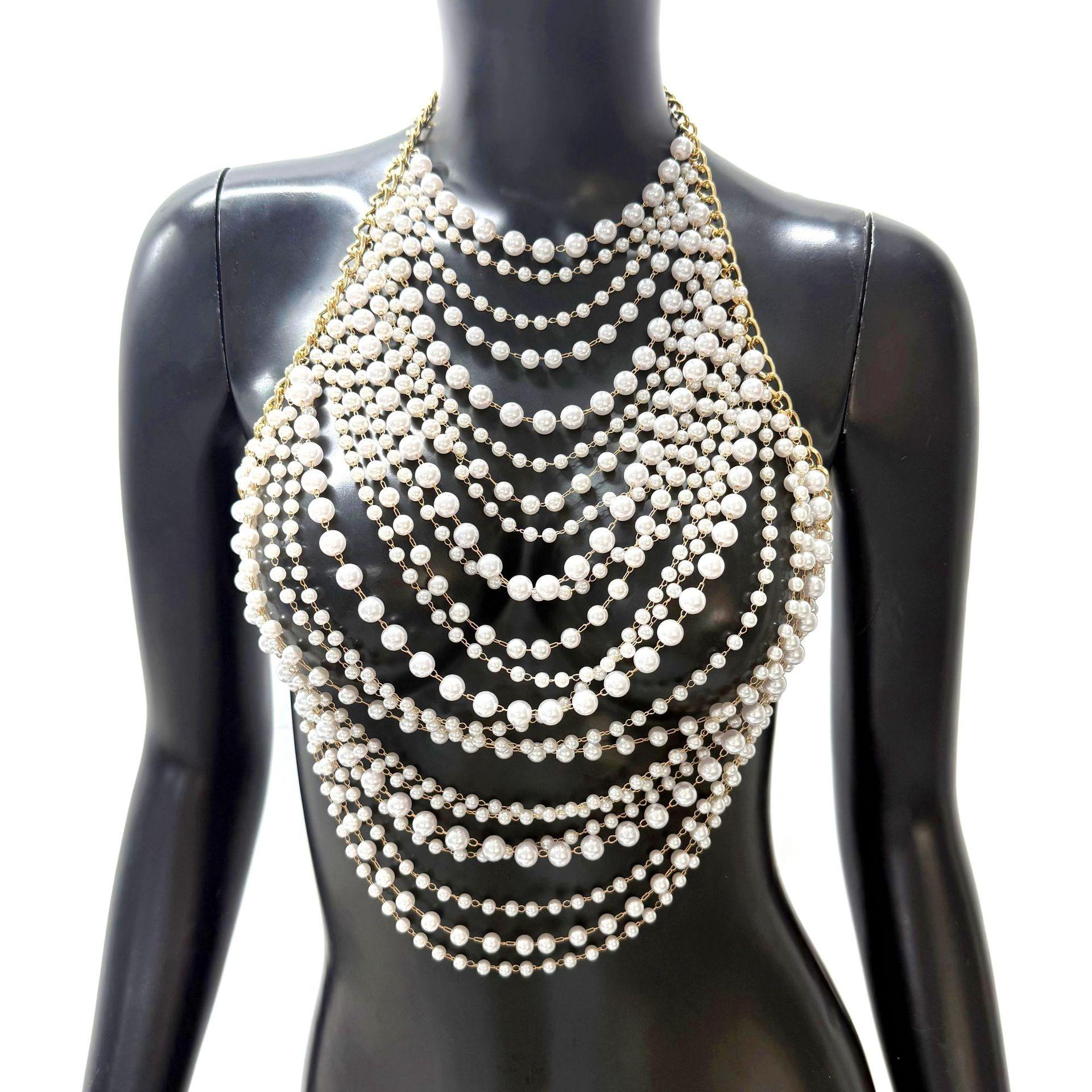 Hot Selling Chest Chain Fashion Multi Layer Pearl Exaggerated Jewelry Metal Chain Splice Body Chain Women Luxury Party Vacation золотой