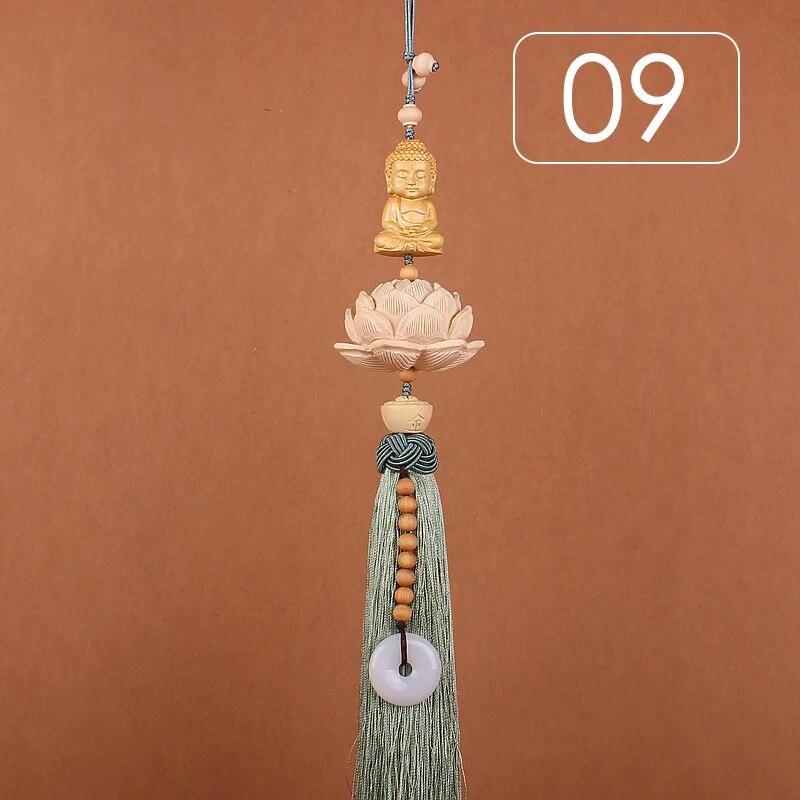 Chinese Style Lucky Fu Wooden Carved Lotus Buddha Statue Pendant Creative Gift Home Car Hanging Accessories Decor Auto Interior