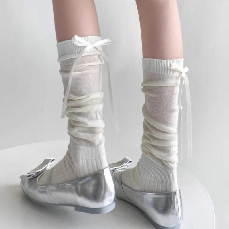 1/2/5 Pairs Lolita Long Socks Women Summer Ultra Thin Breathable Bandage Ribbon Bow Sweet Girls JK Black White Stockings