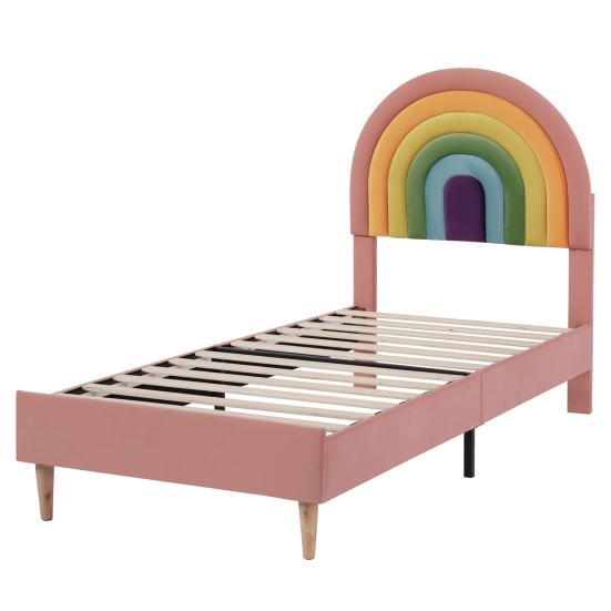 Adult Bed Teen with Height-Adjustable Rainbow Headboard Ergonomic Design Strong Wooden Slat Support Platform Load Bearing Easy to Assemble Youth Home