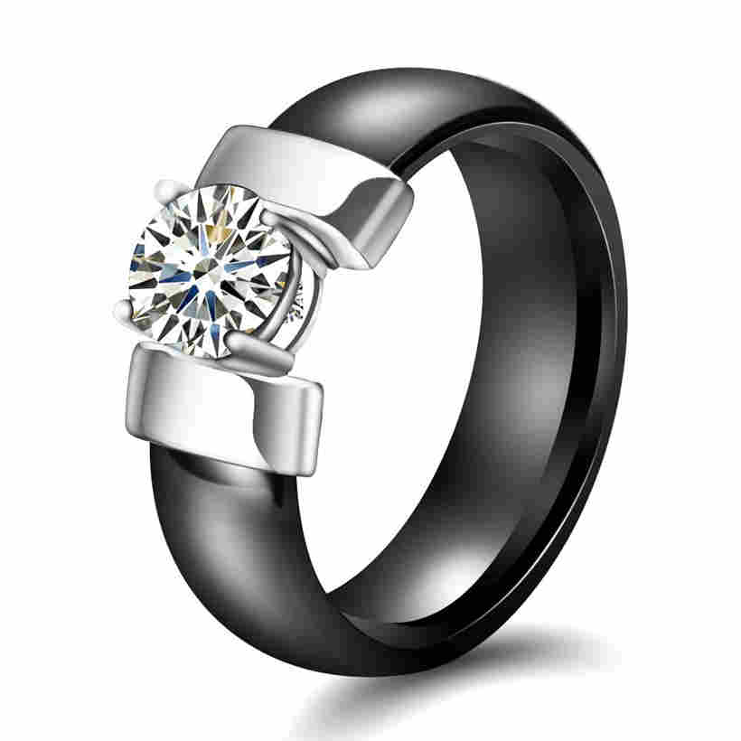 

6 mm Ceramic Rings Plus Cubic Zirconia Women Stainless Steel Wedding Engagement Ring срібний/чорний