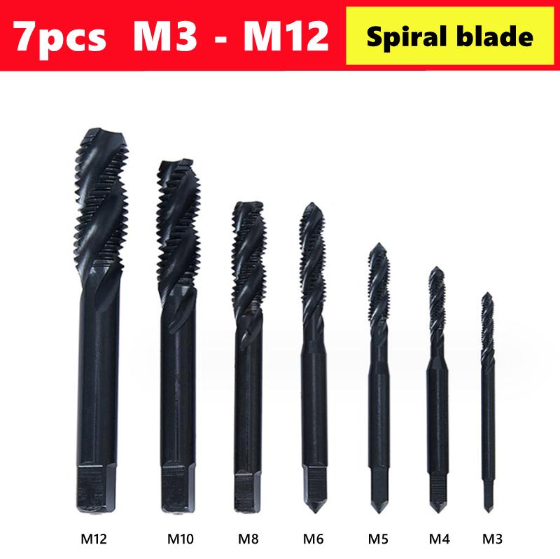 7-teiliges HSS Nitridier-Maschinengewindebohrer-Set M3-M12 Spiralbohrer und Spitzbohrer, verwendet für Innengewindeschneiden und Gewindereparaturwerkzeuge