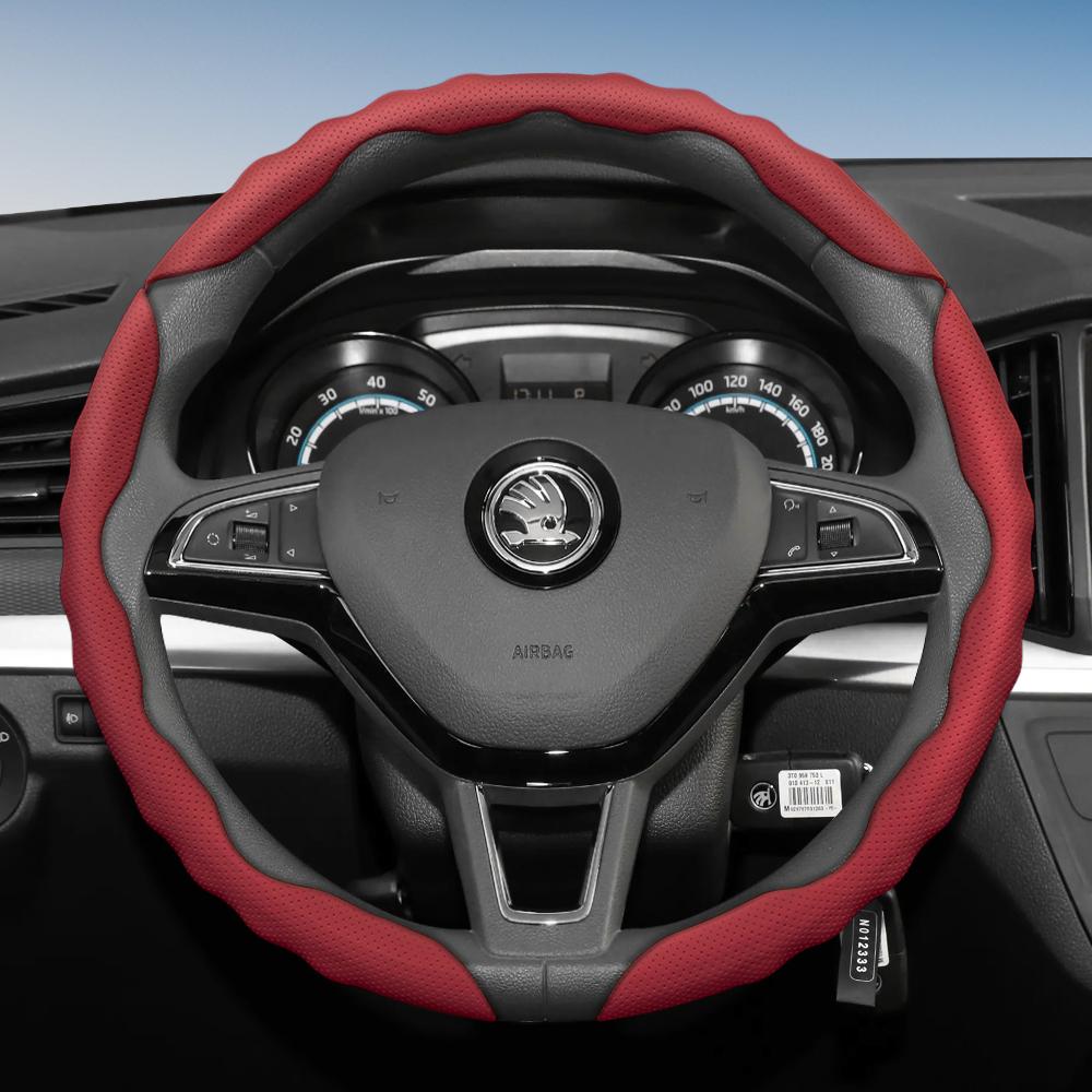 Suitable for Skoda Steering Wheel Cover with Wavy Sports Design, Breathable Leather, Segmented, Non-Slip, Sweat-Absorbent Protection for Octavia,