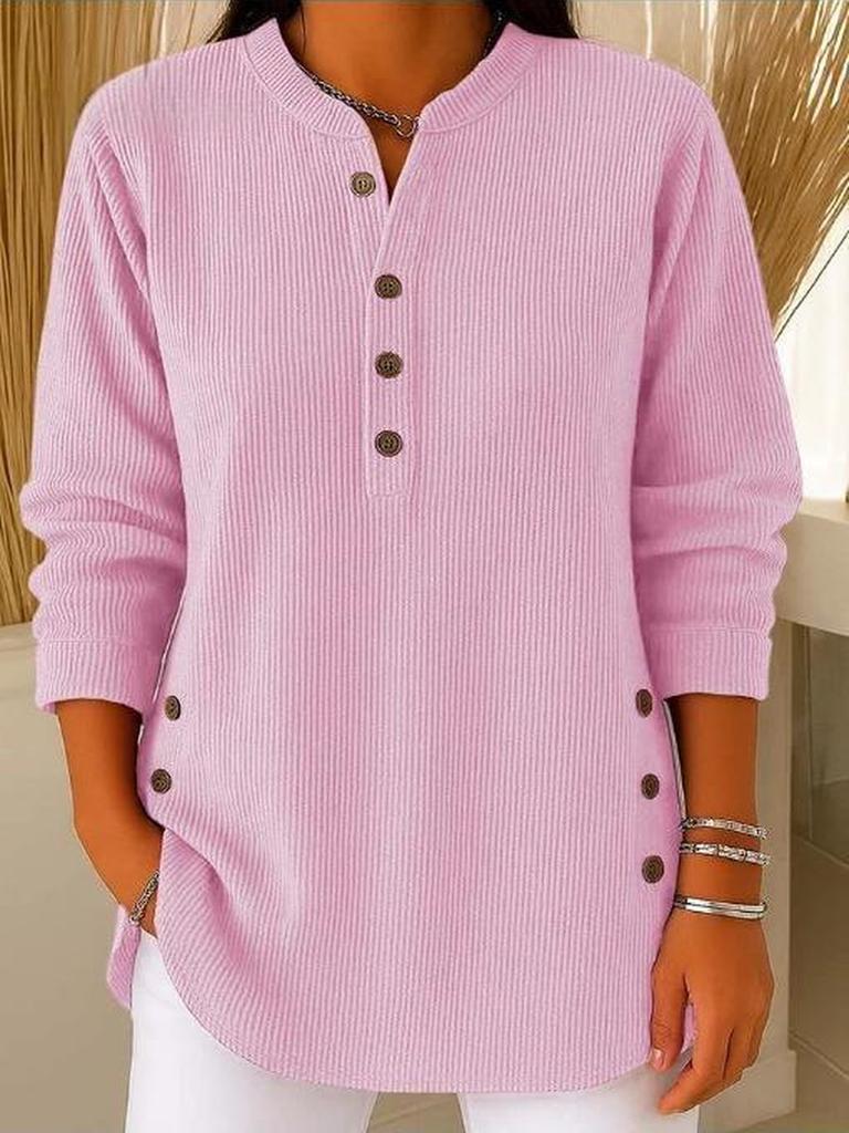 Autumn New Style Velvet Solid Loose Casual V-Neck Button Long Sleeve Women's Top T-Shirt