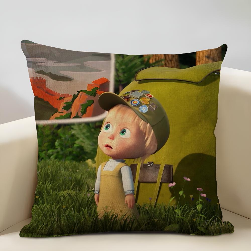 Poszewka na poduszkę Masha i Niedźwiedź Domowa Dekoracja Lniana Poszewka na Poduszkę Sofy: Przyjazna dla skóry i oddychająca z niewidocznym zamkiem błyskawicznym