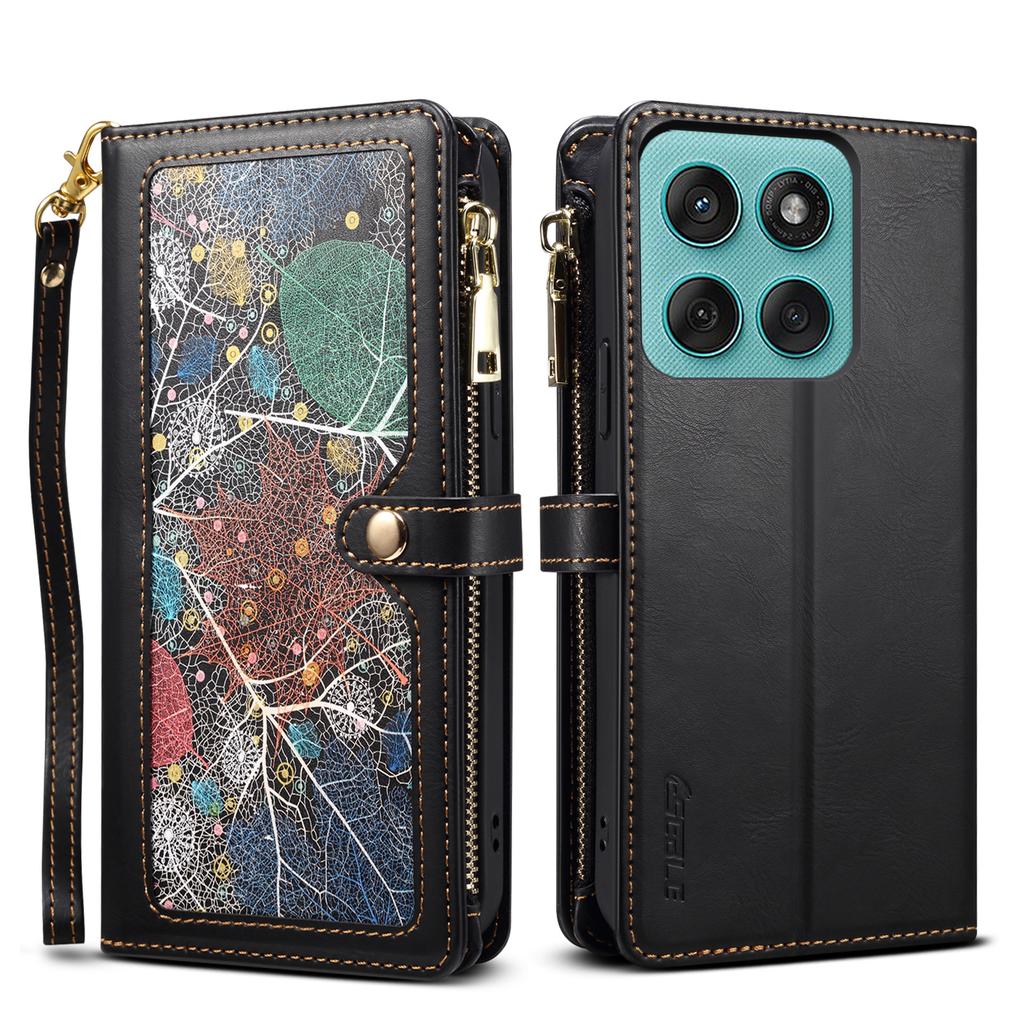 ESEBLE Seria Galaxy Etui dla Motorola Edge 60 Pro 5G Blokujące RFID Skórzane Zapinane na Zamek Pokrowiec na Telefon z Paskiem na Ramię + Pasek na Nadgarstek