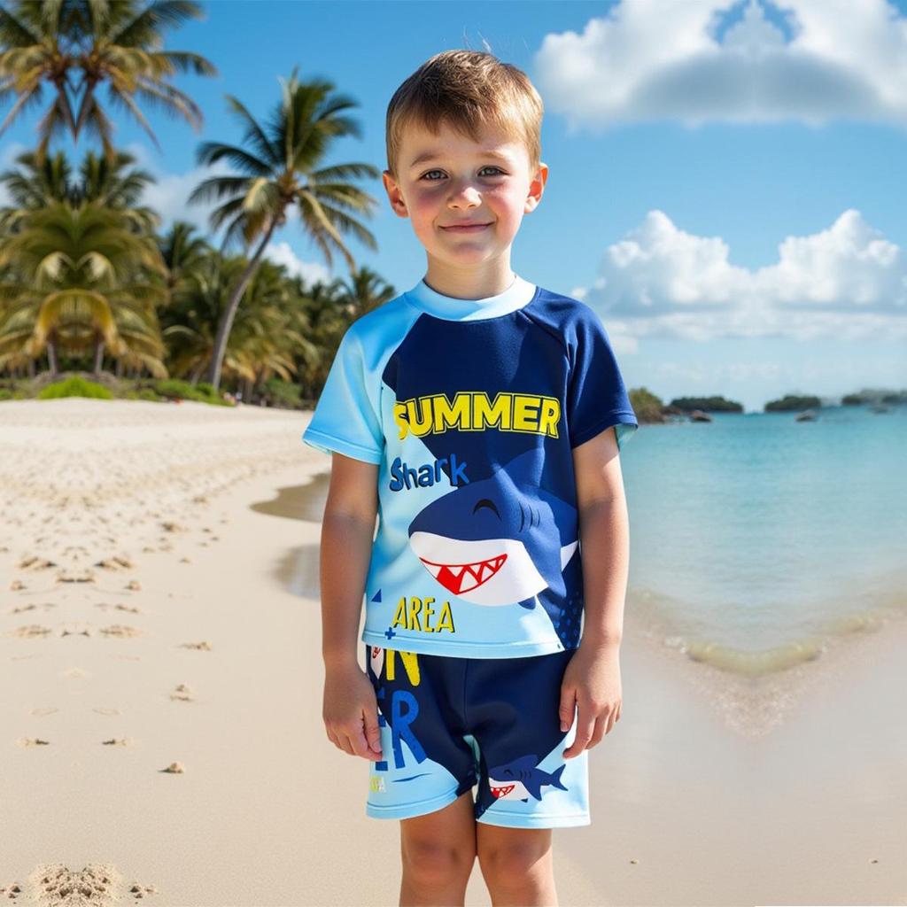 New Cute Shark Toddler Boys' Swimsuit Set with Quick-Dry Shorts, Short Sleeves, Sunscreen, and Swim Cap