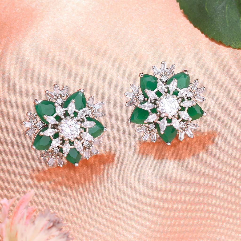Estele Damen-Designer-Ohrstecker mit rhodiniertem Zirkonia und grünem Stein